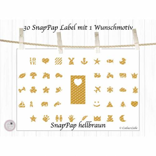 30 Aufnäher und Labels aus SnapPap, hellbraun, Motiv wählbar