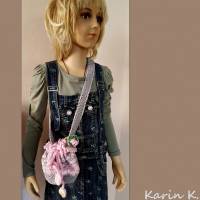 Tasche Häkelbeutel Rosa Grau Fantasiemuster mit 90 cm Trageband Romantik- Look Streublumentasche Blumenkinder Bild 8