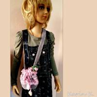 Tasche Häkelbeutel Rosa Grau Fantasiemuster mit 90 cm Trageband Romantik- Look Streublumentasche Blumenkinder Bild 9