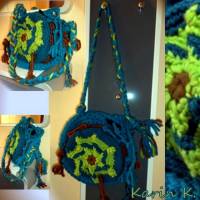 Häkeltasche Umhängetasche Boho- Style Hippie- Look Petrol Limone Rehbraun crochet bag 28 cm Durchmesser Bild 6