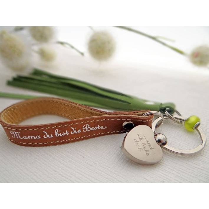 Muttertag Schlüsselanhänger aus Leder mit Wunschtext und Herz Bild 1