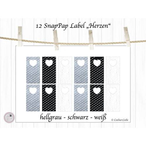 12 Aufnäher und Labels aus SnapPap, schwarz, weiß und grau
