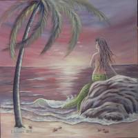 Acrylgemälde "Meerjungfrau am Strand" - Kunst Meer Nixe Bild Leinwand Malerei 80cmx80cm Bild 1