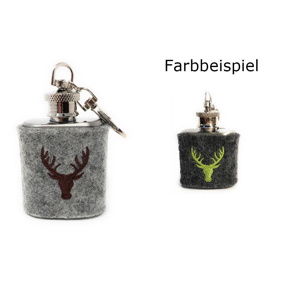 Mini Flachmann Edelstahl 30 ml + Hülle bestickt mit Hirsch aus Wollfilz - Farbauswahl Bild 1