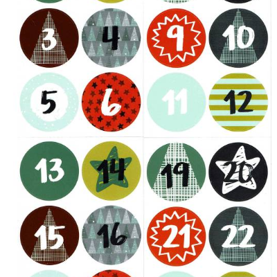Adventskalenderzahlen 1-24, Sticker, Aufkleber, 4 cm Durchmesser, grün braun bunt, retro style