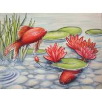 Acrylgemälde "Karpfenteich" - Fisch Koi Goldfisch Kunst Bild Leinwand 80cmx60cm Bild 1