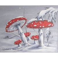 Acrylgemälde "Verschneite Fliegenpilze" - Kunst Wandbild Pilze Bild Leinwand 50cmx40cm Bild 1