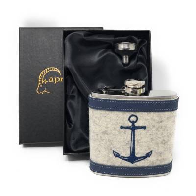 Flachmann Edelstahl 180 ml + Hülle bestickt mit Anker aus Wollfilz + Leder inkl. Geschenkbox - Farbauswahl
