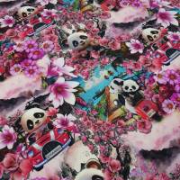 Stoff Baumwolle Jersey Panda Bär Blumen Auto Design pink rosa rot türkis weiß schwarz bunt Kinderstoff Kleiderstoff Bild 1