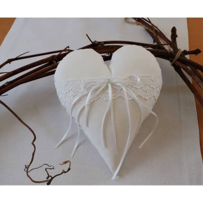 Ringkissen Herz aus Leinen weißes Leinenherz perfekt für Hochzeitsdeko Vintage Shabby Chic
