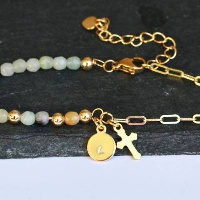 Armband Perlen Initial Amazonit Kreuz Buchstabe Paperclip