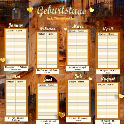 Geburtstage auf einen Blick mit Sternzeichen PDF – DIN A4 zum Ausdrucken