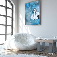 Motivierende Themen Porträt auf Leinwand in blau, Romanische Mixedmedia und Collage Wohnzimmer Bild, Auftrag Bild 3
