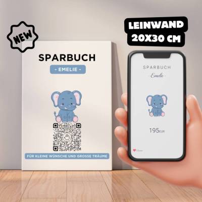 Digitales Sparbuch | Personalisiertes Geldgeschenk | QrCode Bild auf Leinwand 20x30cm | Motiv Elefant