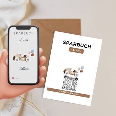 Personalisiertes Geldgeschenk | Virtuelles Sparbuch | QrCode Geschenkkarte | Auto Führerschein