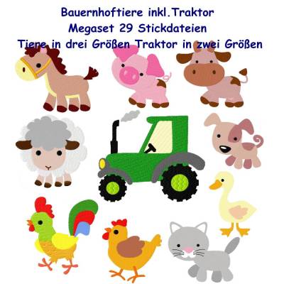 29 Stickdateien Bauernhof Tiere Traktor Pony Schwein Schaf Kuh Hahn Huhn Katze Hund 10x10 / 4x4 Zoll stickdatei
