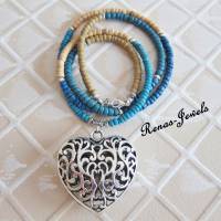 Bettelkette lang blau beige silberfarben Herz Anhänger Kette Perlenkette Perlen Holzperlen Holzkette Bild 4