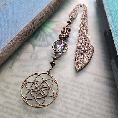 Blume des Lebens Lesezeichen Mond Magie Bronze Metall Buchzeichen Ganesha mit Perlen Geschenk zum Buch