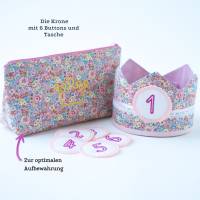 Geburtstagskrone für Kinder, Kinderkrone Blumenwiese, Stoffkrone mit austauschbaren Zahlen 1-6 Jahre mit Tasche Bild 3