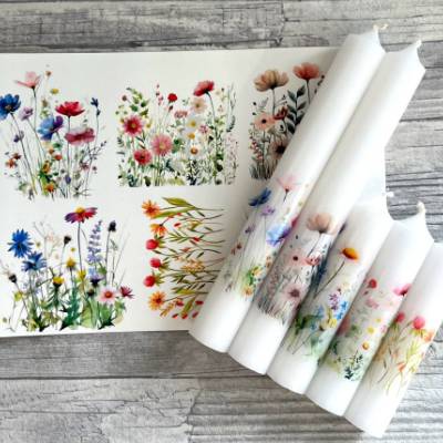 Kerzenfolie BLUMENWIESE, A5, Wasserschiebefolie, Kerzentattoo, Kerzensticker, Kerzen beschriften, Frühling, Blumen -weit