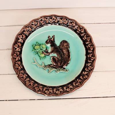 Vintage Teller Wandteller Sammelteller Eichhörnchen Türkis Braun Tiermotiv Dekoplatte