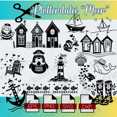 maritime Plotterdatei Meeresliebe Schnittdateien Laserdatei Download Eps DxF Png Svg Leuchtturm, Anker, Möwe, Walross