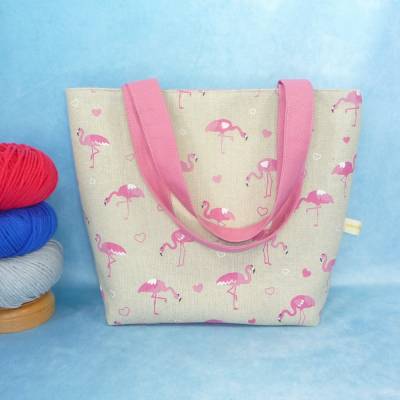 Henkeltasche für Projekte L mit Flamingos | Handarbeitstasche für unterwegs | Projekttasche mit Henkel | kleiner Shopper