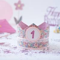 Geburtstagskrone für Kinder, Blumenwiese rosa, Stoffkrone für Kindergeburtstag, Krone mit austauschbaren Zahlen 1-6 Jahr Bild 1