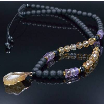 Herren Halskette aus Edelsteinen Citrin Ametrin Onyx und Hämatit mit Citrin-Anhänger, Länge 61 cm