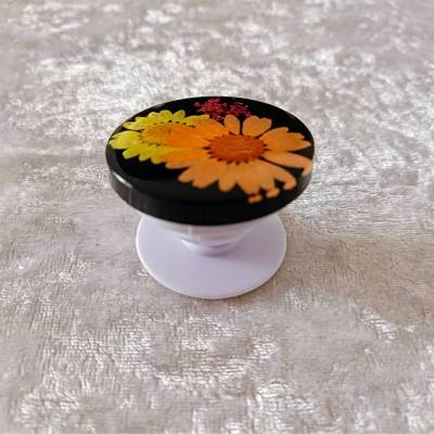 Popsocket, Handyhalter Epoxidharz schwarz mit Blumen orange-gelb