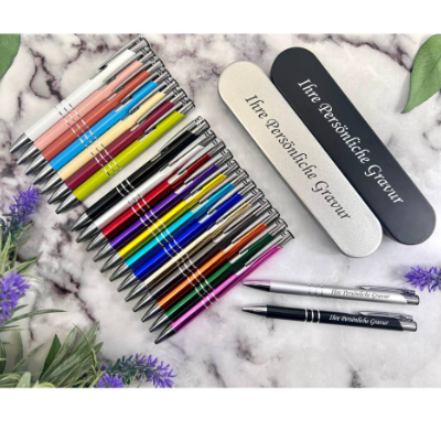 Personalisierter gravierter Metall Kugelschreiber in Wunschfarbe und Box mit Gravur als Geschenk in Geschenkverpackung E