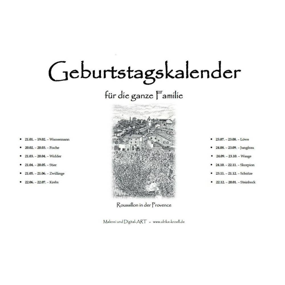 14-seitiger Geburtstagskalender s/w - mit Sternzeichen,  PDF – DIN A4 zum Ausdrucken Bild 1