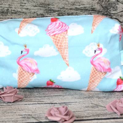 Boxy Bag-Kosmetiktasche.Stiftemäppchen-Federmäppchen-Schminktasche-hellblau-pink-Flamingo-Eis