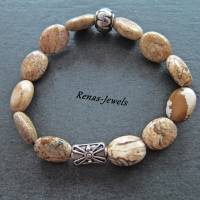 Herren Edelstein Armband Landschafts Jaspis Perlen beige braun marmoriert silberfarben Edelsteinarmband Bild 1