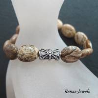 Herren Edelstein Armband Landschafts Jaspis Perlen beige braun marmoriert silberfarben Edelsteinarmband Bild 2