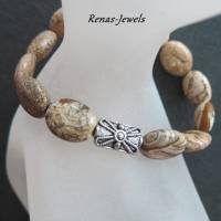 Herren Edelstein Armband Landschafts Jaspis Perlen beige braun marmoriert silberfarben Edelsteinarmband Bild 3