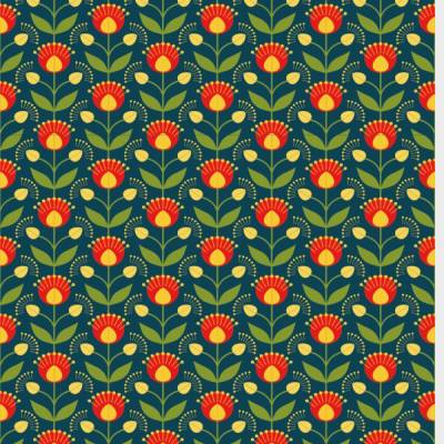 Notizheft Blühende Retroblumen auf Dunkelblau, Paperback DIN A5 blanko, Schreibheft mit Softcover