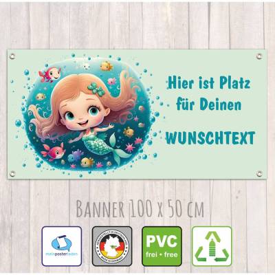Banner Kinderparty - 100 x 50 cm | Niedliche Meerjungfrau mit kleinen Fischen - mit Wunschtext personalisierbar