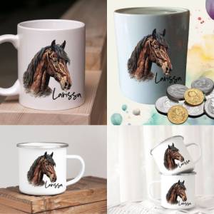 Pferdegeschenk mit Namen Trinkbecher Emaile Tasse oder Pferd und Reiter Stall Geschenk Spardose personalisiert Bild 1