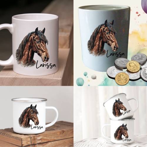 Pferdegeschenk mit Namen Trinkbecher Emaile Tasse oder Pferd und Reiter Stall Geschenk Spardose personalisiert