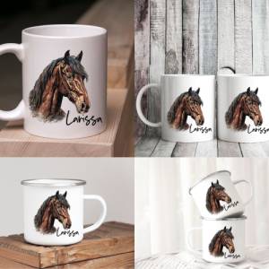 Pferdegeschenk mit Namen Trinkbecher Emaile Tasse oder Pferd und Reiter Stall Geschenk Spardose personalisiert Bild 2