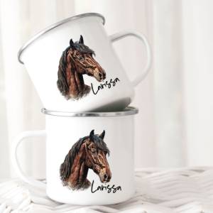 Pferdegeschenk mit Namen Trinkbecher Emaile Tasse oder Pferd und Reiter Stall Geschenk Spardose personalisiert Bild 3