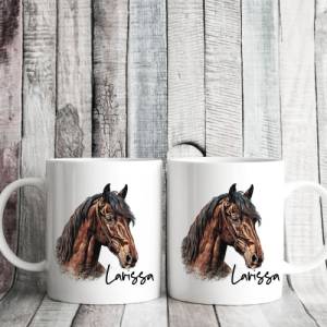 Pferdegeschenk mit Namen Trinkbecher Emaile Tasse oder Pferd und Reiter Stall Geschenk Spardose personalisiert Bild 5