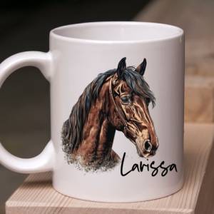Pferdegeschenk mit Namen Trinkbecher Emaile Tasse oder Pferd und Reiter Stall Geschenk Spardose personalisiert Bild 7