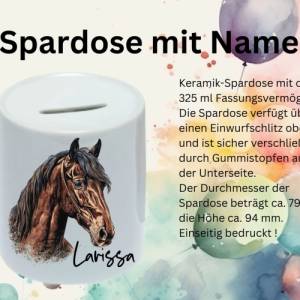 Pferdegeschenk mit Namen Trinkbecher Emaile Tasse oder Pferd und Reiter Stall Geschenk Spardose personalisiert Bild 8