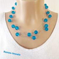 Glaskette Perlenkette kurz zweireihig Collier Glasperlen blau matt gefrostet silberfarben Perlen Kette Bild 1
