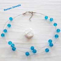 Glaskette Perlenkette kurz zweireihig Collier Glasperlen blau matt gefrostet silberfarben Perlen Kette Bild 2