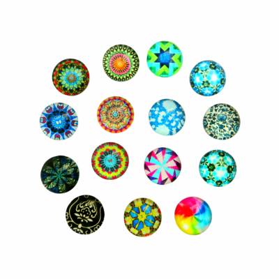 15 bunte gemusterte Glascabochons, rund, 12mm