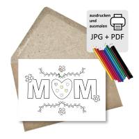 Muttertagskarte zum Ausdrucken ausmalen, Ausmalvorlage für Karte und Wandbild zum Muttertag, DIY download PJG + PDF Bild 1