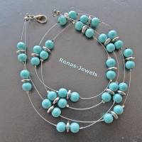 Perlenkette kurz zweireihig Collier hellblau silberfarben Perlen Kette Bild 3